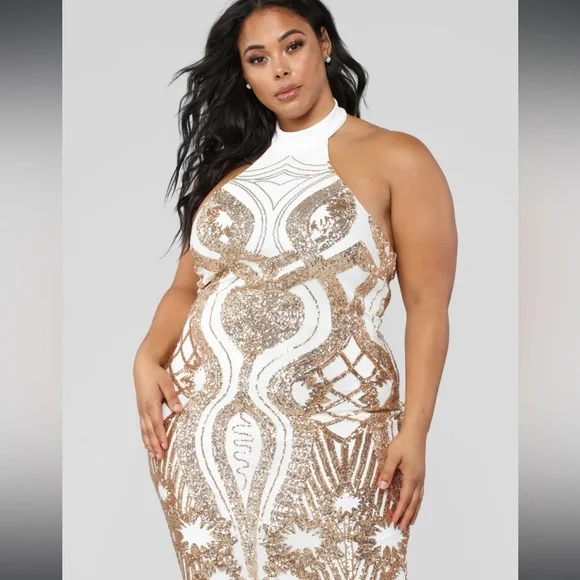 Fashionnova Touch of Glam Sequin Dress Size 3X Gold/White Slight Makeup Stain | Color: Gold/White | Size: 3X | Juicyfilling's Closet